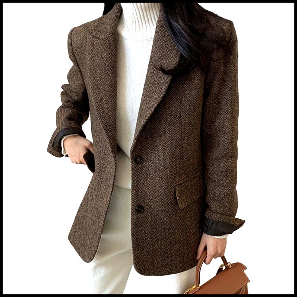 Wool Blend Blazer Coat Single Breasted Long Sleeve Fall Winter Work Business
